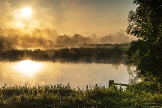 Sunrise and morning fog over the fish ponds in the Ems lowlands