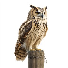 Portrait of an eagle owl who sits on a pole