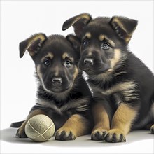 Portrait german shepherd puppys playing with a ball in front of a white background
