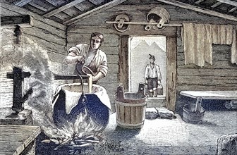 Cheese making in an alpine hut in Allgaeu