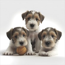 Portrait Aridale Terrier puppys playing with a ball in front of a white background