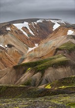 Colourful rhyolite mountains with remnants of snow