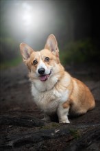 A happy Welsh Corgi Pembroke dog sits in the woods during the gloomy fall weather. A dog in the mountains