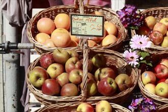 Apples with price tag in baskets on a stall in front of a shop