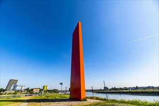 Sculpture Rhine Orange by Cologne sculptor Lutz Fritsch at the mouth of the Ruhr into the Rhine
