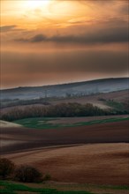 Beautiful view at sunset on the brown fields of Czech Moravia