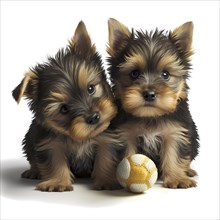 Portrait Yorkshire Terrier puppys playing with a ball in front of a white background