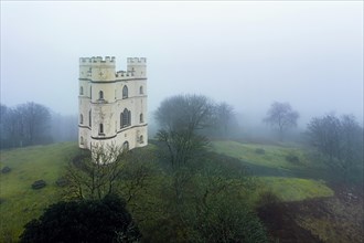 Misty morning over Haldon Belvedere from a drone