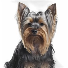 Portrait of a Yorkshire Terrierr in front of a white background. AI generated Art