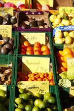 Fruit with price tags at a market stall