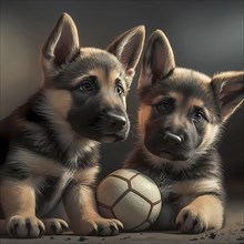 Portrait german shepherd puppys playing with a ball in front of a white background
