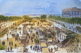 Tent and railway wagon hospital on the Esplanade in Metz