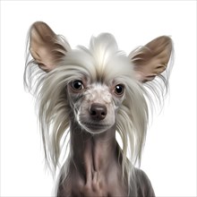 Portrait of a chinese crested dog in front of a white background. AI generated Art