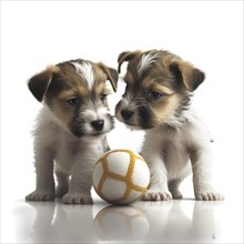 Portrait Aridale Terrier puppys playing with a ball in front of a white background