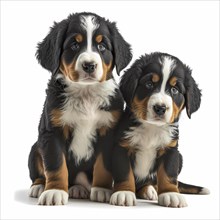 Portrait Bernese Mountain puppys in front of a white background