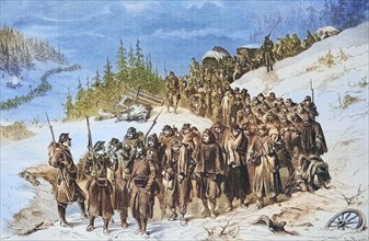 Swiss military escorting French soldiers in Neuchatel Jura on 3 January 1871