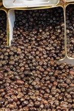 Turkish style prepared olives in the market stands