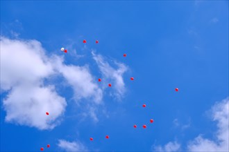 Heart-shaped balloons rise into the blue cloudy sky
