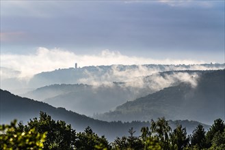 View of the Vogelsang National Park Centre in morning fog