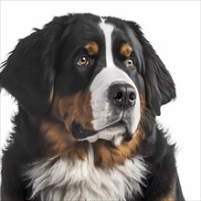 Portrait of a Bernese Mountain Dog in front of a white background. AI generated Art