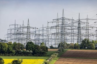 Numerous high-voltage pylons
