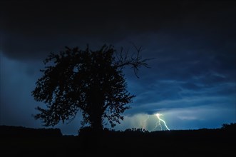 Lightning strike during a thunderstorm in a village. Alsace