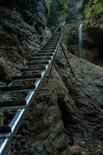 Difficul trail with ladder near the waterfall in canyon of National park Slovak paradise