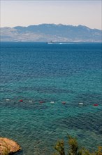 View from Turkish coast over Aegean Sea to Greek island Kos