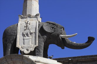 A lava rock elephant supporting an Egyptian obelisk on its back in the Piazza del Duomo