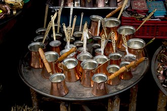 Turkish coffee pots made of metal in a traditional style