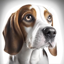 Portrait of a Beagle in front of a white background. AI generated Art