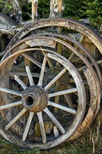 Old wooden wagon wheels