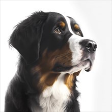 Portrait of a Bernese Mountain Dog in front of a white background. AI generated Art