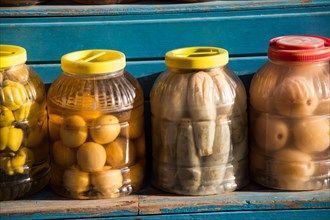 Homemade marinated pickles variety preserving jars
