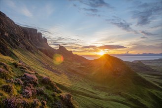 View of rocky landscape Quiraing at sunrise