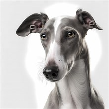 Portrait of a greyhound in front of a white background. AI generated Art