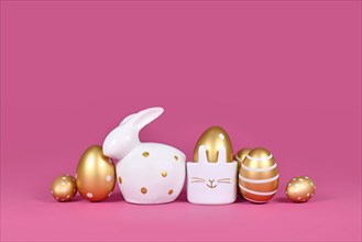 Golden Easter eggs painted with stripes and dots and bunny on pink background with copy space