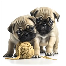 Portrait Mops puppys playing with a ball in front of a white background
