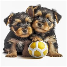 Portrait Yorkshire Terrier puppys playing with a ball in front of a white background