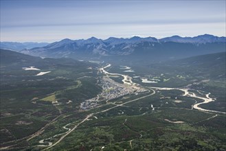 Aerial view from the summit of The Whistlers over the town Jasper