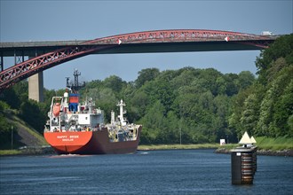 Tanker under the Levensau High Bridge in the Kiel Canal