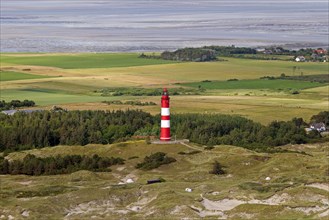 Aerial view of Amrum lighthouse in the dunes along the Wadden Sea