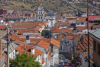Aerial view over colonial street and rooftops in the white city of Sucre
