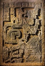 Sculpted Yaxchilan lintel 25 showing hieroglyphic inscriptions being reversed as if it were meant to be read in a mirror