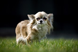 Chihuahua dog on lawn in garden