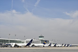 Lufthansa aircraft at check-in positions at Satellite Terminal 2