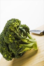 Broccoli head on wooden chopping board