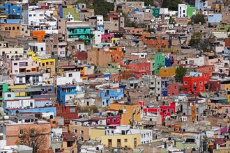 Aerial view over the rooftops of houses in city centre of Guanajuato