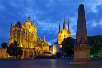 Erfurt Cathedral and Severi Church with Erthal Obelisk in the evening