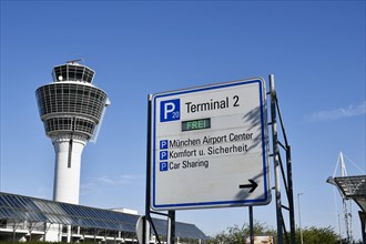 Signage parking at Munich Airport with Tower